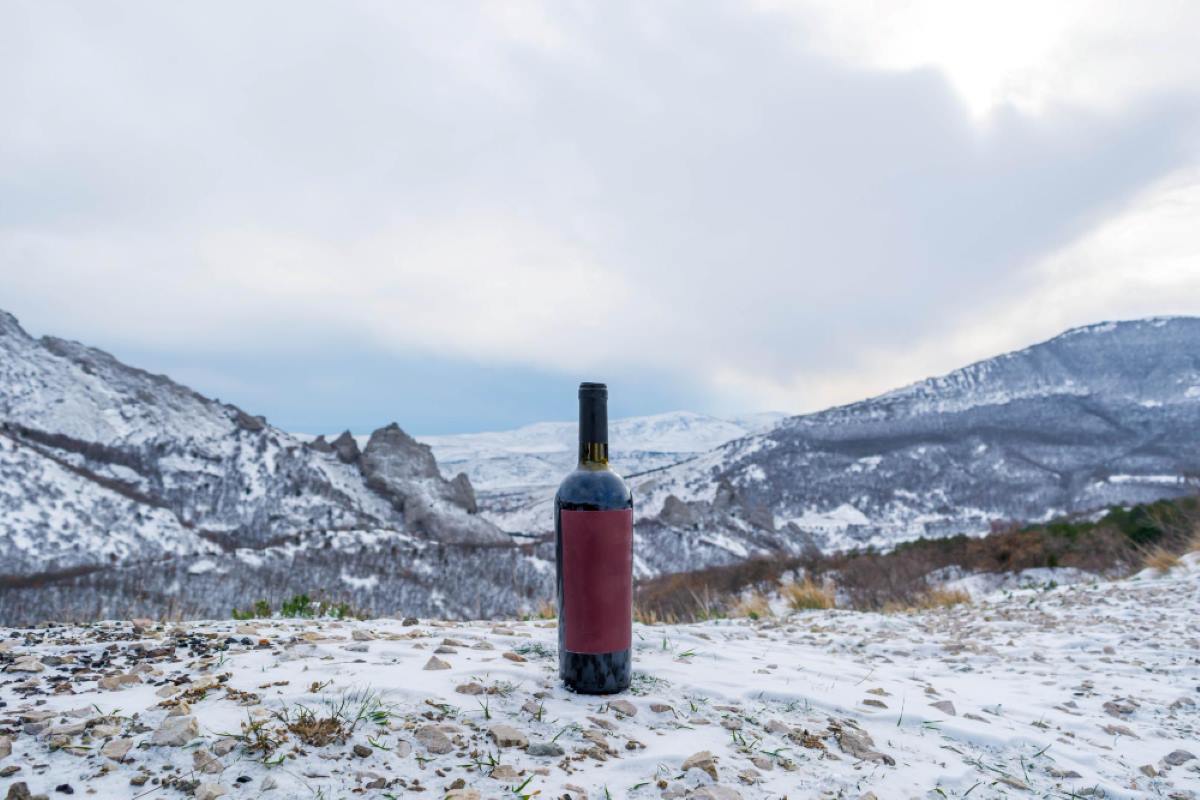 bottle of wine on top of a mountain