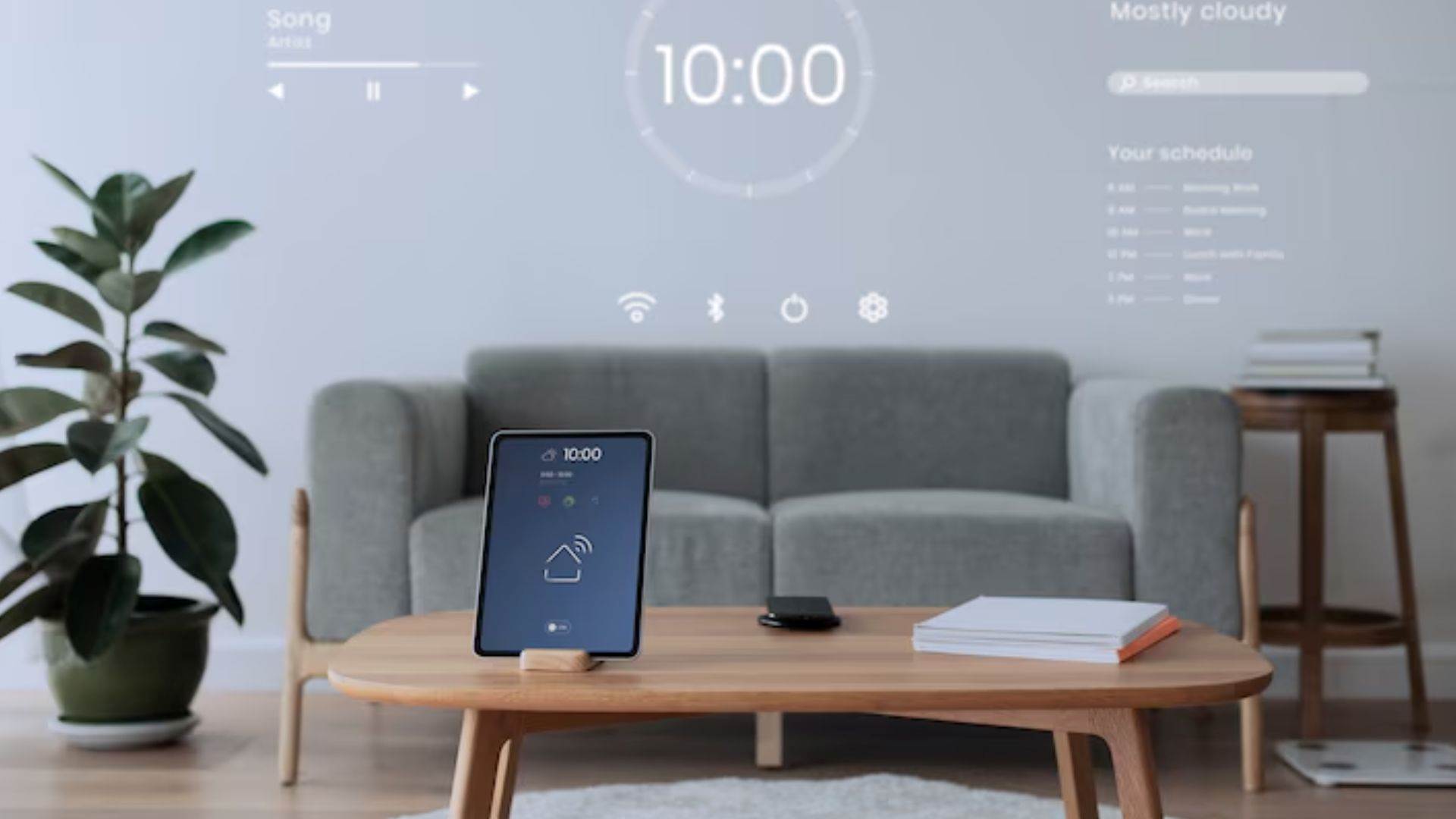 A digital tablet displaying a smart home controller sits on a wooden table, highlighting smart home breathalyser integration.