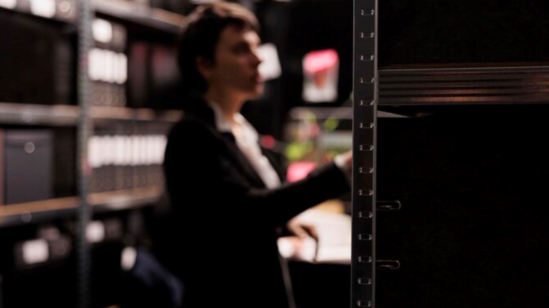 A woman searching through bookshelves for the history of Alcohol Testing Devices.